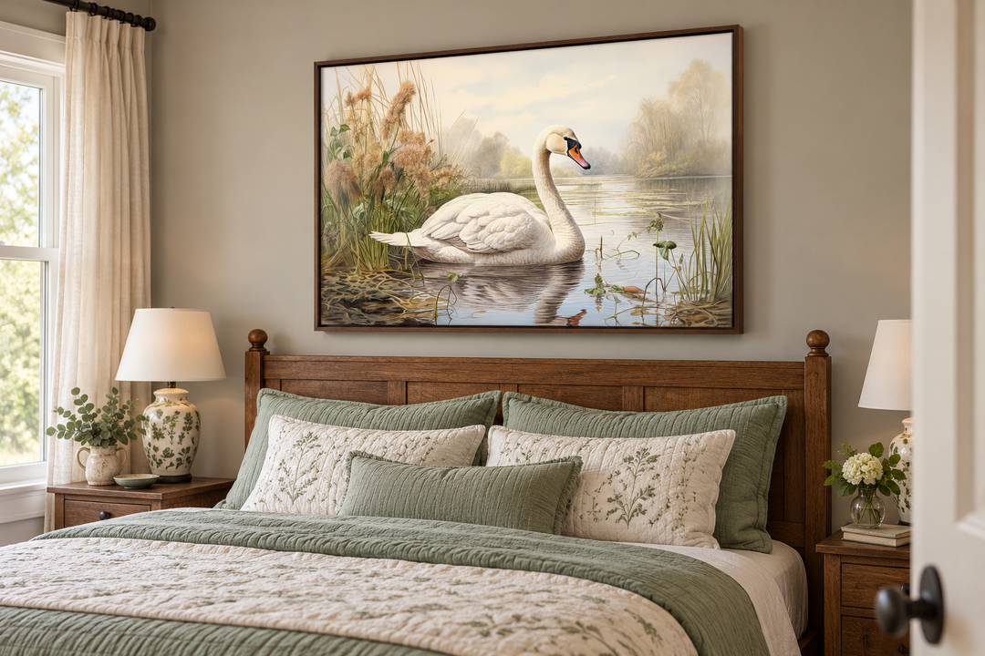 Vintage style framed canvas wall art of a white swan on a lake, hung above a wooden bed frame.