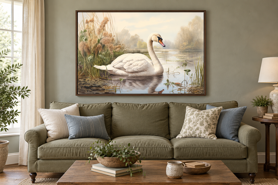 White swan in a lake vintage style framed canvas wall art hanging above a green sofa.