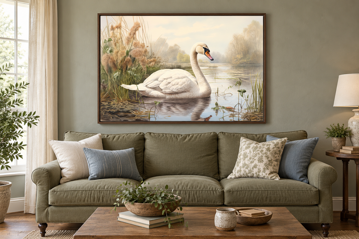 White swan in a lake vintage style framed canvas wall art hanging above a green sofa.