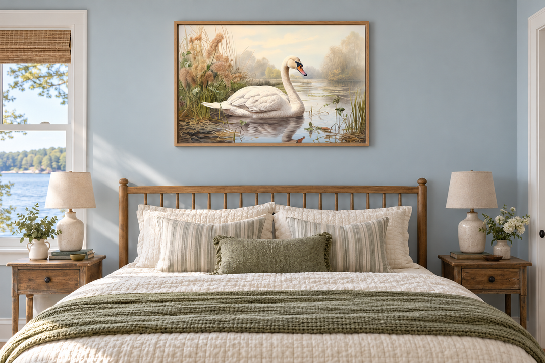 Vintage style framed canvas wall art of a white swan on a tranquil lake above a bed.