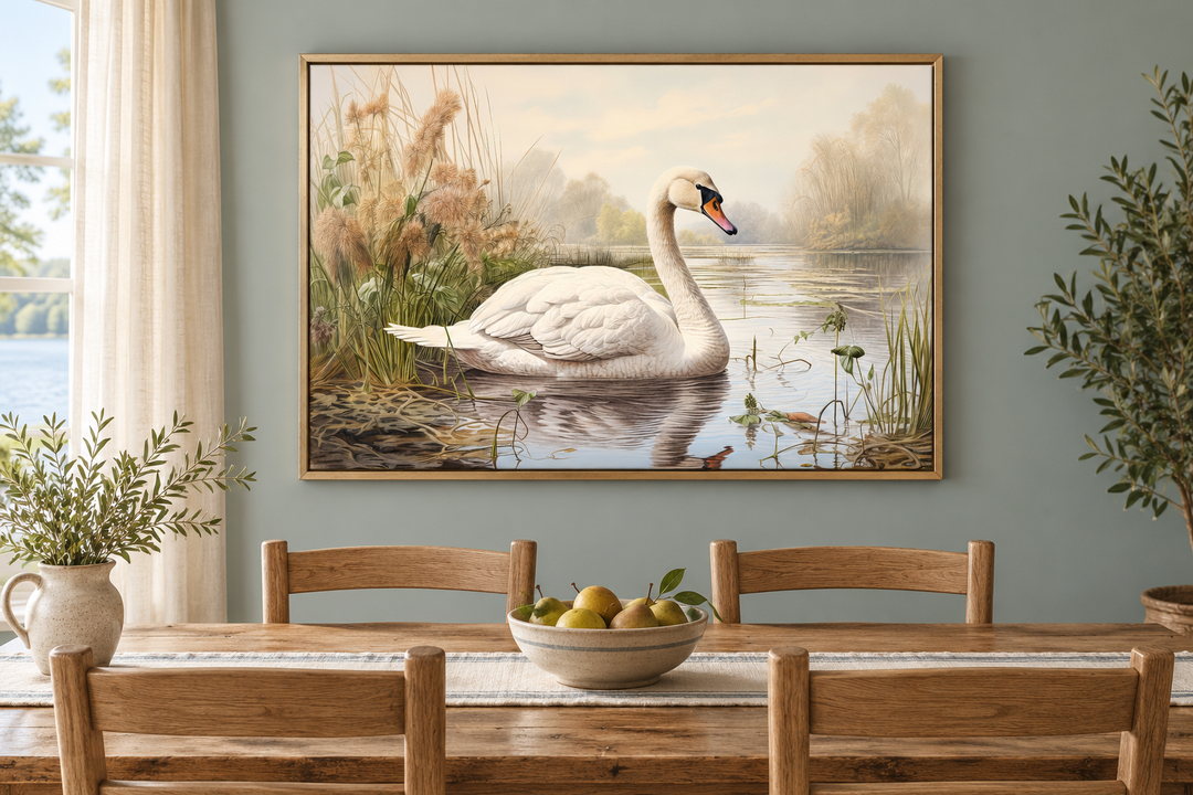 Vintage-style framed canvas wall art of a white swan on a lake above a wooden dining table.