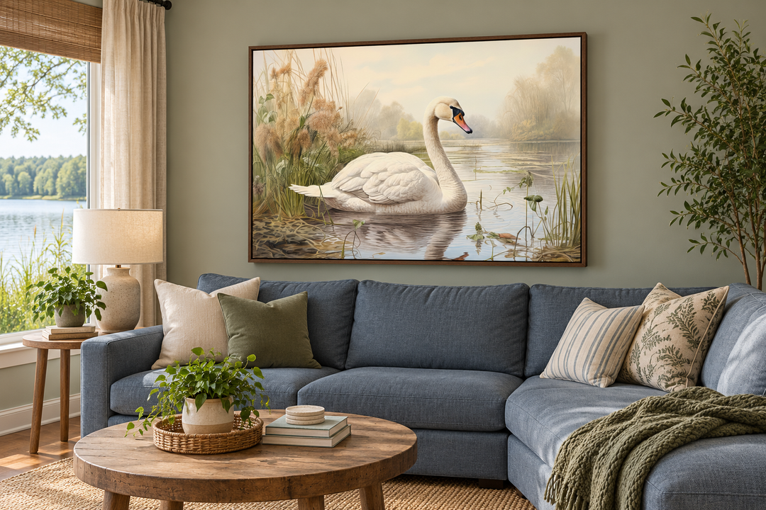 White swan in the lake vintage style framed canvas wall art hanging above a blue sectional sofa.