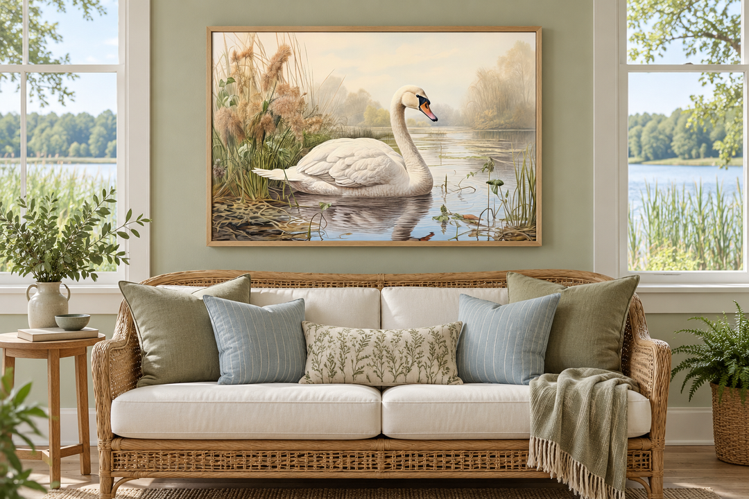 Vintage-style framed canvas wall art featuring a white swan on a tranquil lake above a wicker sofa.
