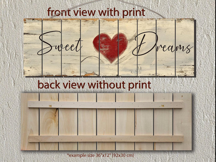 A long horizontal rustic wood sign featuring Sweet Dreams in script with a red heart.