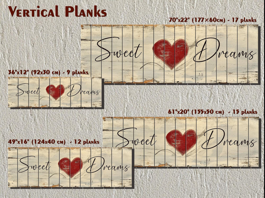 Rustic horizontal wood signs in four sizes featuring Sweet Dreams text and a red heart.