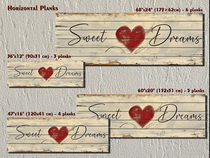 Rustic horizontal wood signs featuring Sweet Dreams text and a red heart in four different sizes.