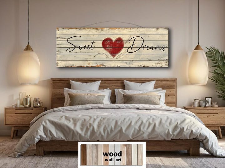 Rustic wood wall art with Sweet Dreams text and a red heart hanging above a bed.