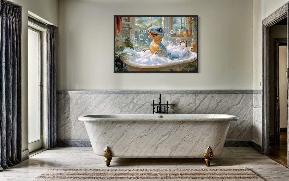 T Rex Dinosaur in a Bathtub Framed Canvas Wall Art