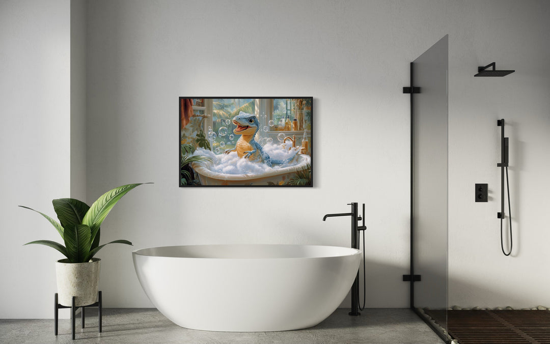 T Rex Dinosaur in a Bathtub Framed Canvas Wall Art