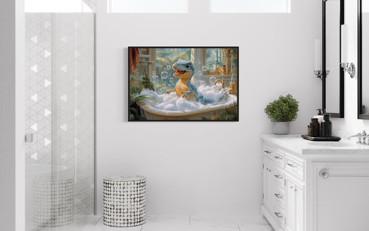 T Rex Dinosaur in a Bathtub Framed Canvas Wall Art