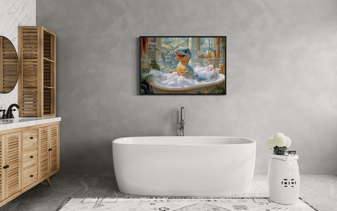 T Rex Dinosaur in a Bathtub Framed Canvas Wall Art