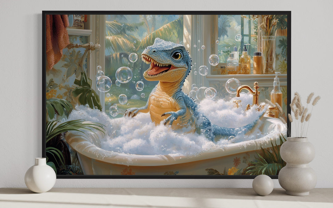 T Rex Dinosaur in a Bathtub Framed Canvas Wall Art