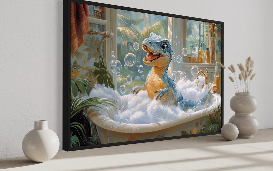 T Rex Dinosaur in a Bathtub Framed Canvas Wall Art