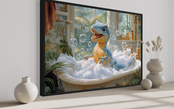 T Rex Dinosaur in a Bathtub Framed Canvas Wall Art