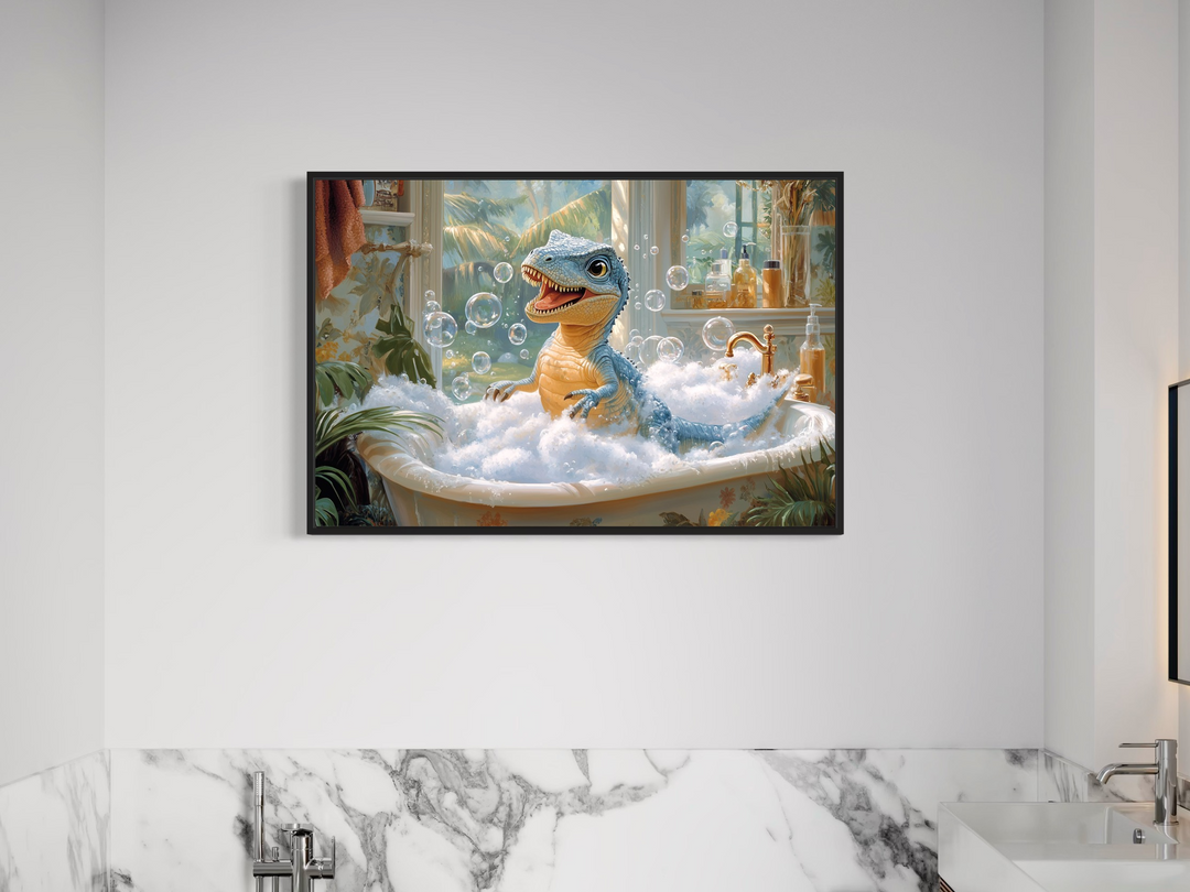 T Rex Dinosaur in a Bathtub Framed Canvas Wall Art