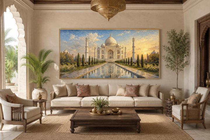 Taj Mahal at Sunrise Indian Canvas Wall Art hanging above a sofa in an elegant living room.