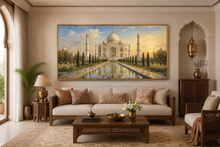 Taj Mahal at sunrise canvas wall art hanging above a sofa in an elegant Indian-style living room.