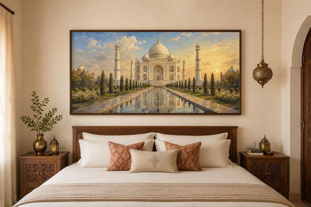 Taj Mahal at Sunrise Indian Canvas Wall Art hanging above a bed in a warm, elegant bedroom.