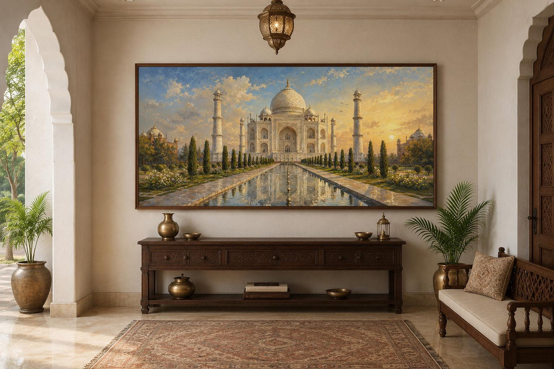 Taj Mahal at Sunrise Indian Canvas Wall Art displayed above a wooden console table in a room.