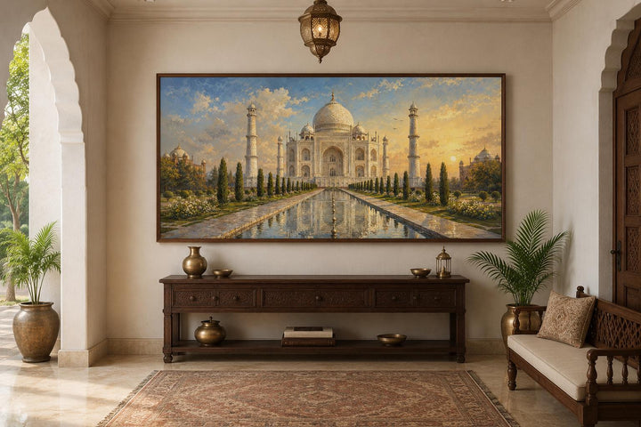 Taj Mahal at Sunrise Indian Canvas Wall Art displayed above a wooden console table in a room.