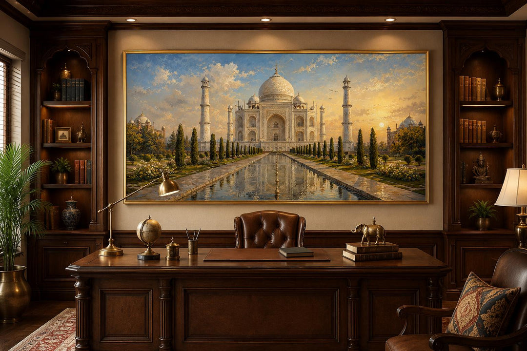 Taj Mahal at sunrise canvas wall art in a gold frame above a dark wood desk in a classic office.