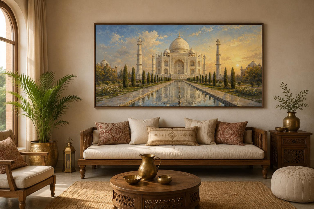 Taj Mahal at Sunrise Indian Canvas Wall Art hanging above a sofa in a warm, elegant living room.