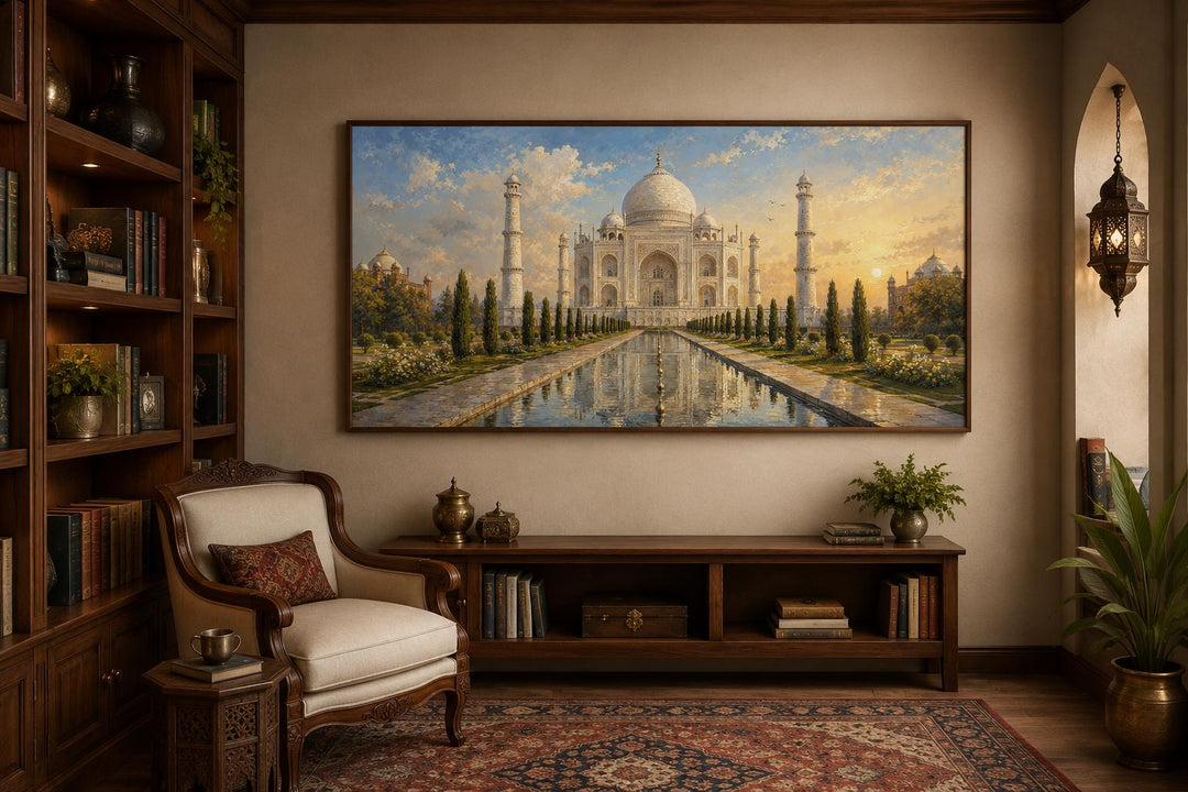 Taj Mahal at sunrise canvas wall art hanging above a wooden console in a traditional living room.
