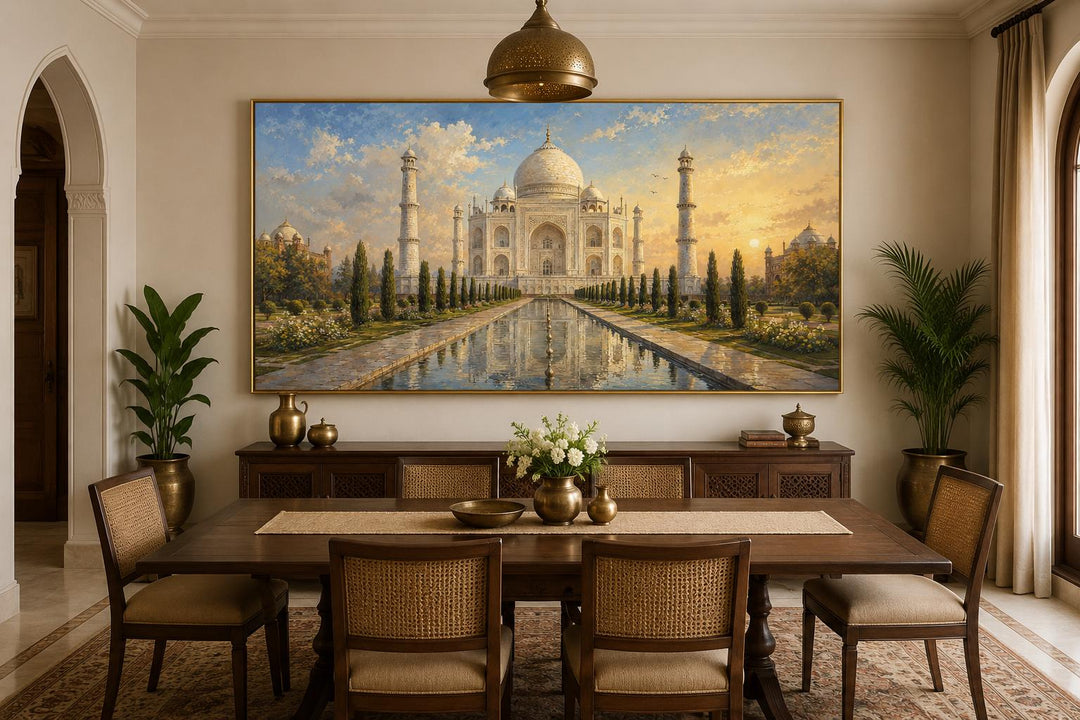Taj Mahal at Sunrise Indian Canvas Wall Art hanging above a dining table in an elegant room.