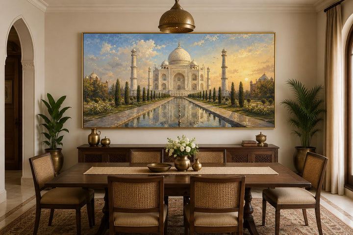 Taj Mahal at Sunrise Indian Canvas Wall Art hanging above a dining table in an elegant room.