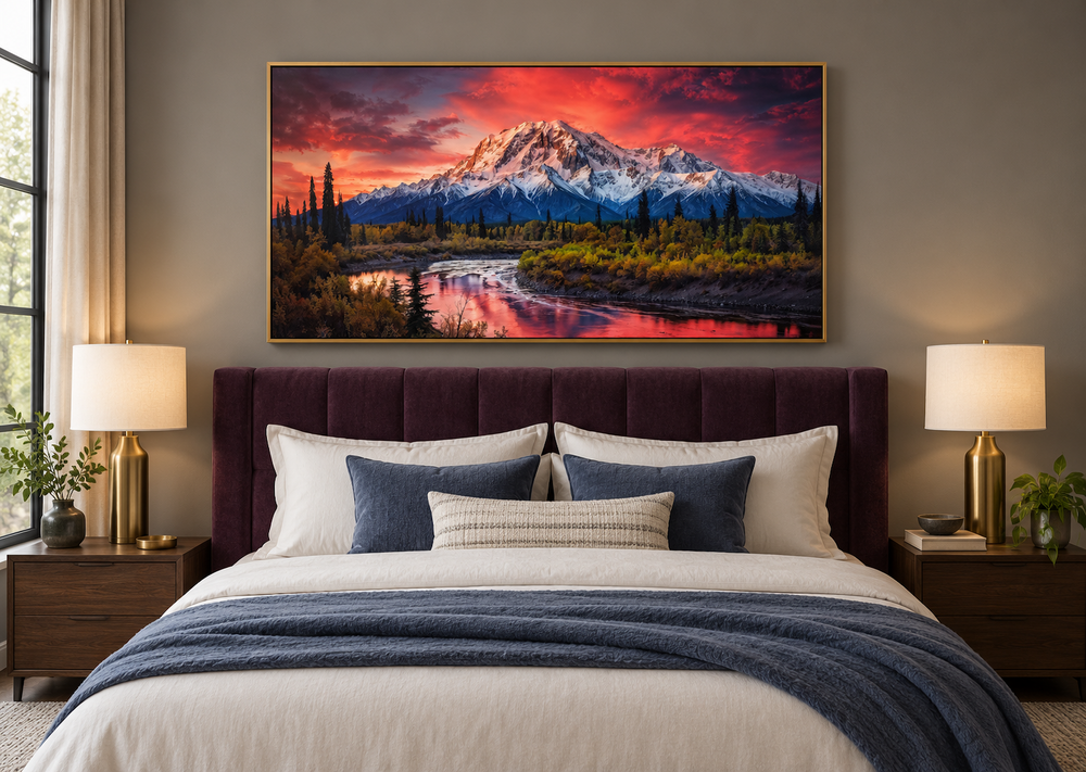 Framed canvas print of Talkeetna Mountains at sunset above a plum headboard in a modern bedroom.