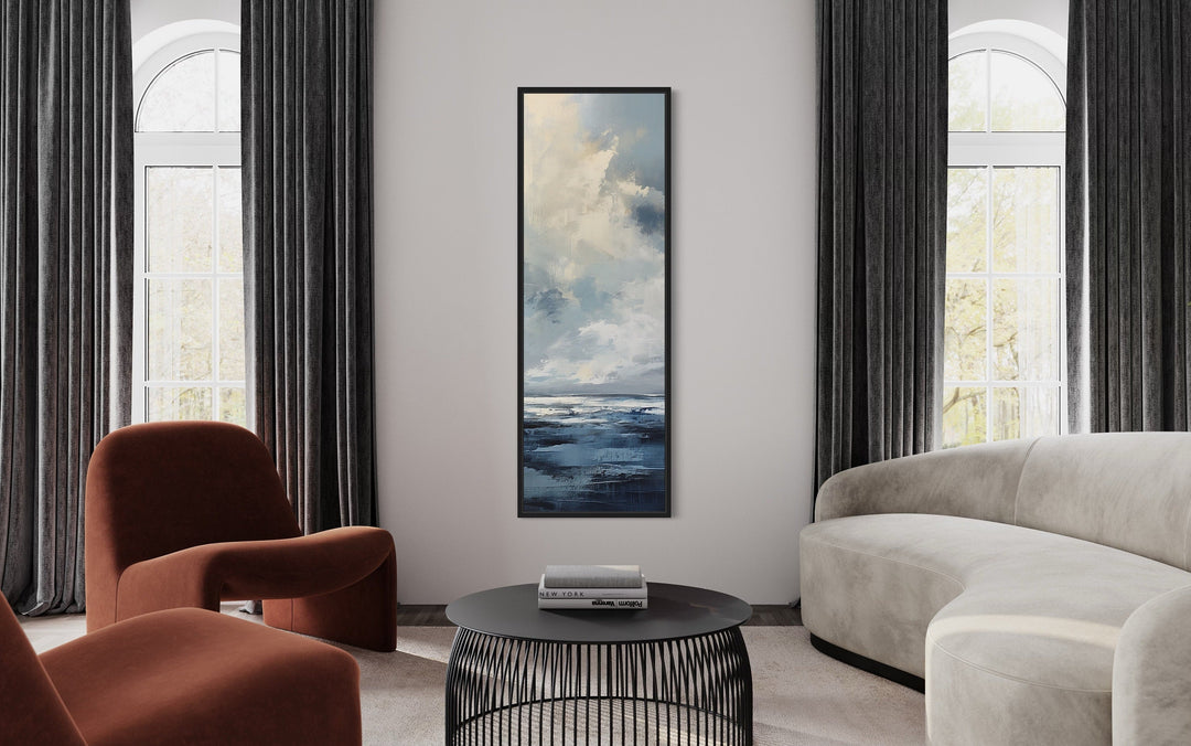 Tall narrow abstract ocean vertical framed canvas wall art.