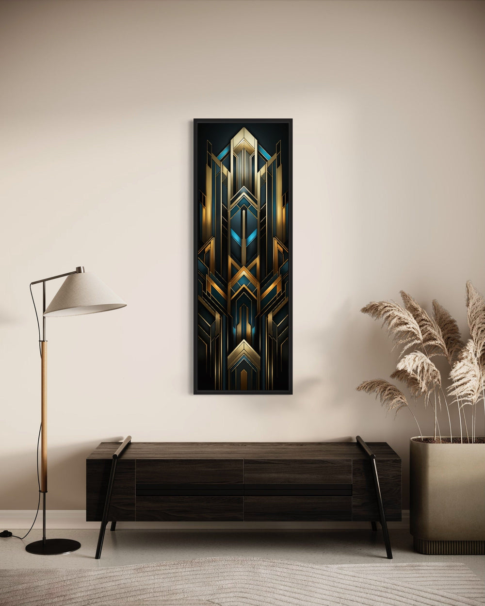 tall Narrow Art Deco Gold Black Blue Vertical Wall Art