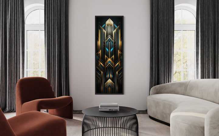 Tall Narrow Art Deco Gold Black Blue Vertical Framed Canvas Wall Art