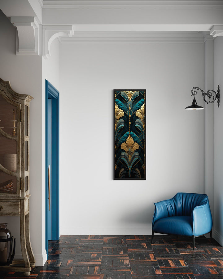 Tall Narrow Art Deco Teal Gold Vertical Framed Canvas Wall Art