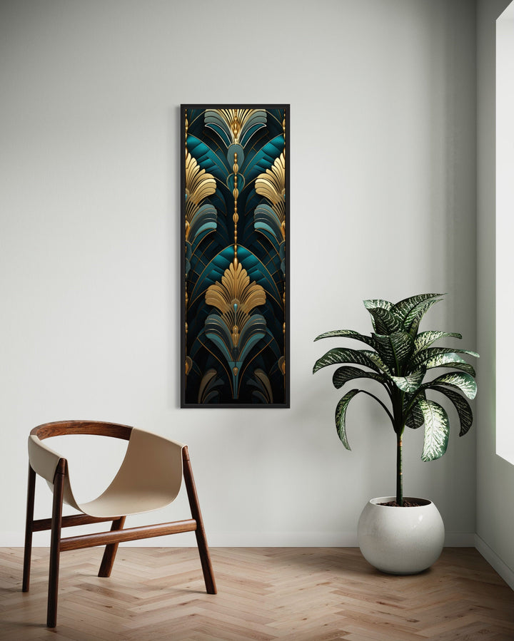 Tall Narrow Art Deco Teal Gold Vertical Framed Canvas Wall Art