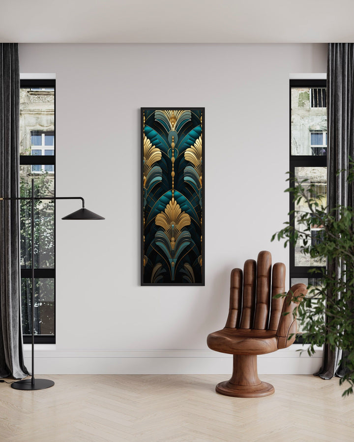 Tall Narrow Art Deco Teal Gold Vertical Framed Canvas Wall Art