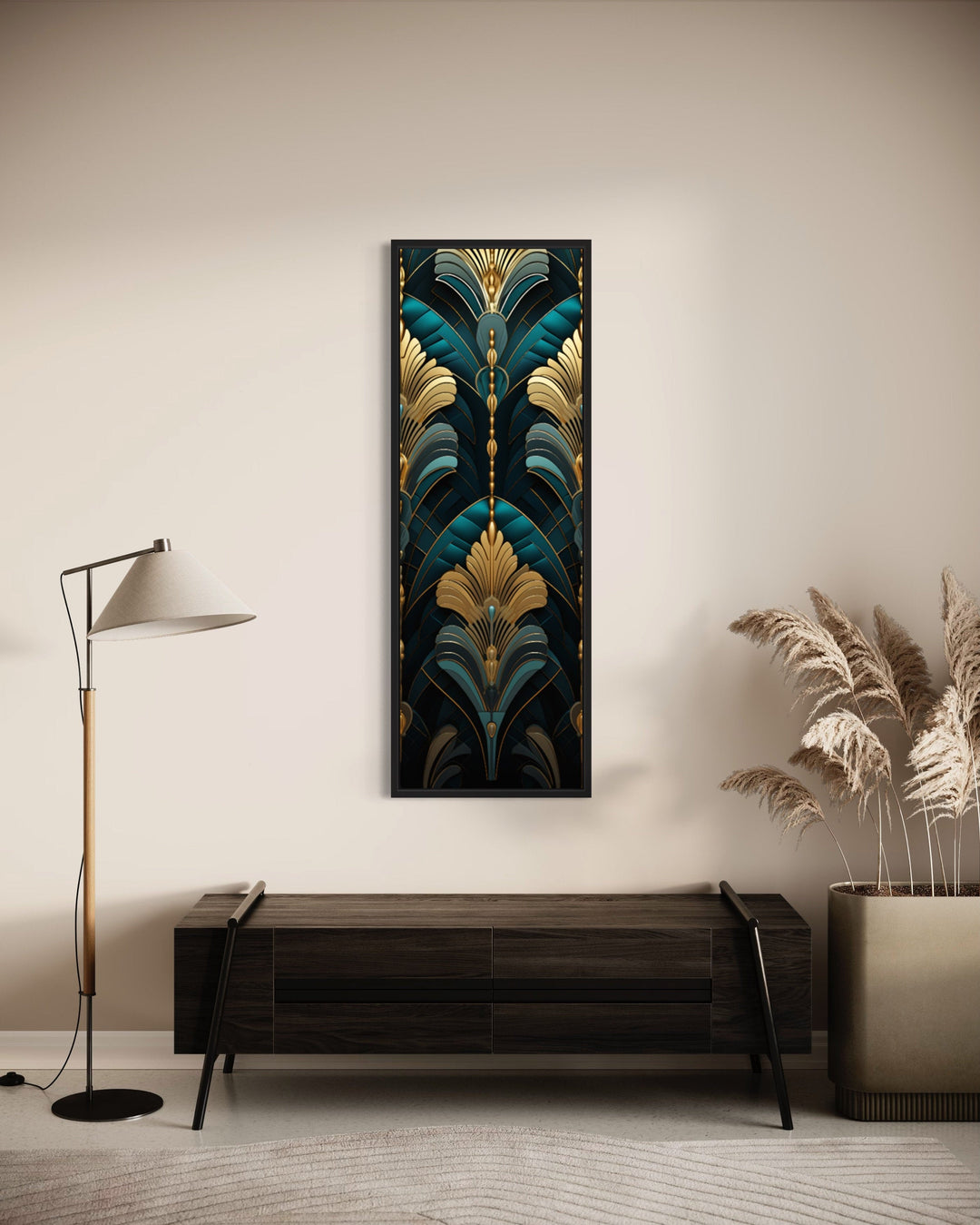 Tall Narrow Art Deco Teal Gold Vertical Wall Art