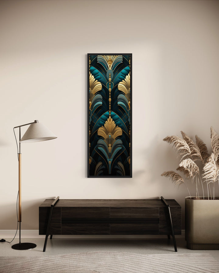 Tall Narrow Art Deco Teal Gold Vertical Framed Canvas Wall Art