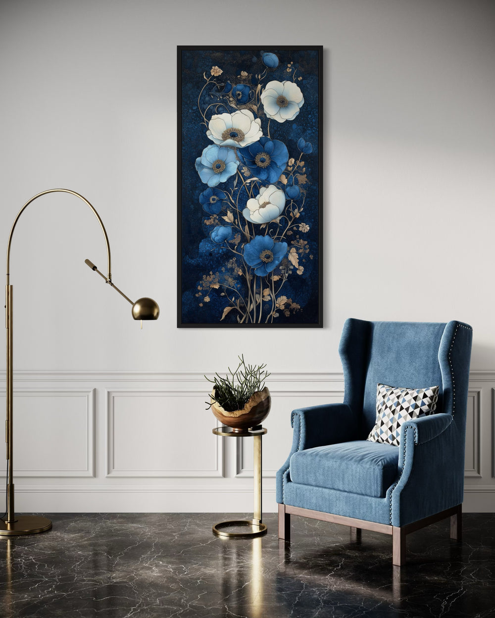 Tall Narrow Art Nouveau Blue White Floral Boho Vertical Framed Canvas Wall Art