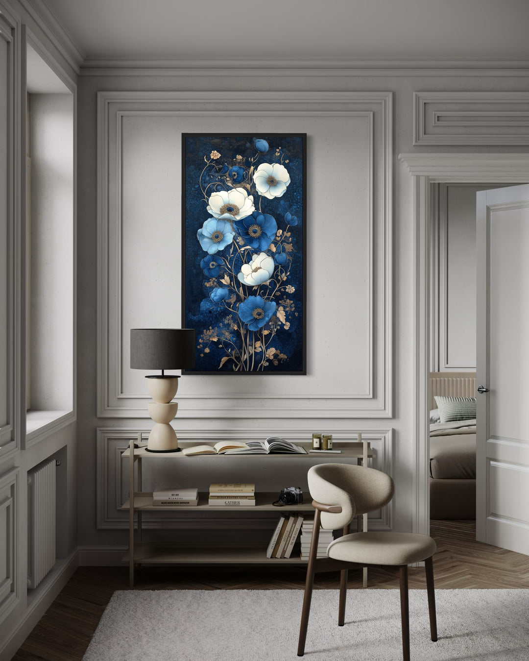 Tall Narrow Art Nouveau Blue White Floral Boho Vertical Framed Canvas Wall Art