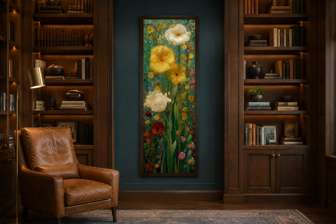 Tall narrow Art Nouveau floral stained glass style framed canvas art in a dark wood library.