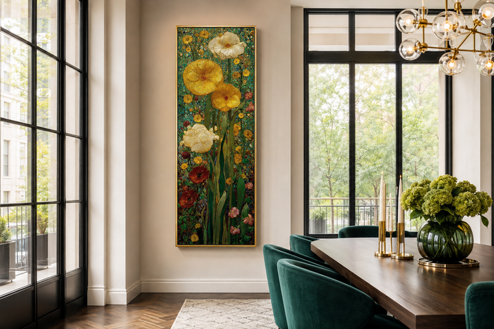Tall narrow Art Nouveau flowers stained glass style framed canvas wall art in a dining room.