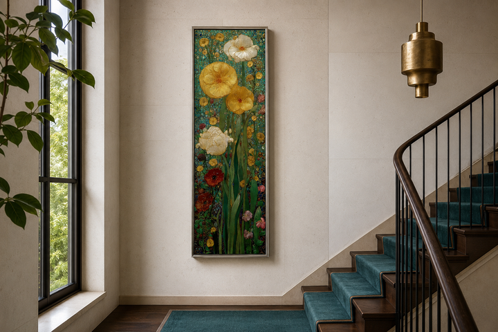 Tall narrow Art Nouveau floral canvas art in a stained glass style, framed on a neutral wall.