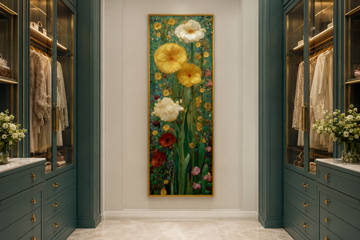 Tall narrow Art Nouveau floral stained glass style framed canvas art in a walk-in closet.
