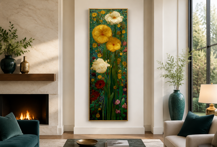 Tall narrow Art Nouveau floral canvas art with yellow and white flowers in a stained glass style.