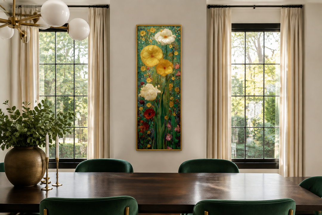 Tall narrow Art Nouveau floral canvas art in a stained glass style hanging in a dining room.