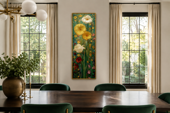 Tall narrow Art Nouveau floral canvas art in a stained glass style hanging in a dining room.