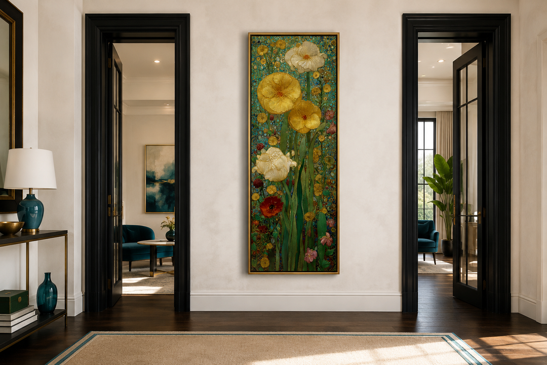 Tall narrow Art Nouveau floral canvas wall art in a stained glass style, framed in gold.