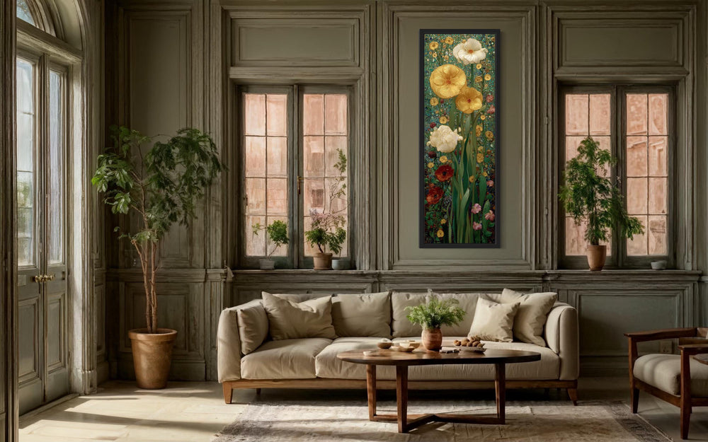 Tall narrow Art Nouveau floral stained glass style framed canvas art in a classic living room.