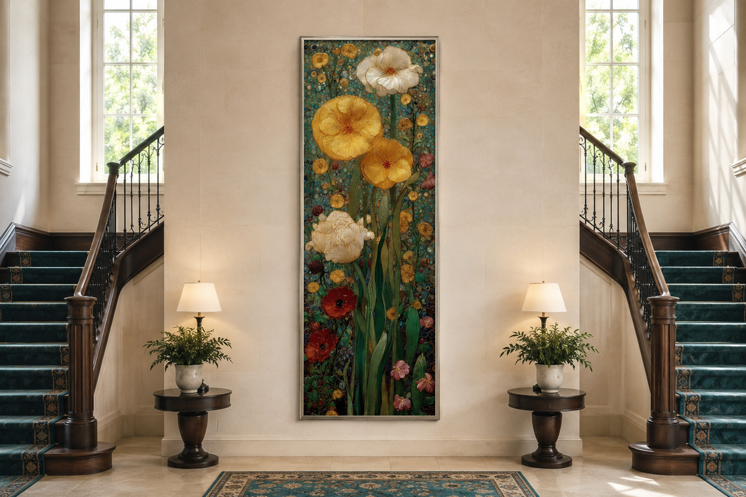 Tall narrow Art Nouveau flowers stained glass style framed canvas wall art in a grand hallway.
